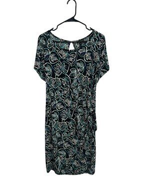 Sami & Jo 1X Plus Black Turquoise Leaf Print Side Knot Dress Naturecore NWT